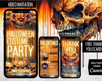 Halloween Digital Invite, Animated Halloween Costume Party Invitation, Digital Electronic Phone Virtual Video, Editable Canva Template Evite