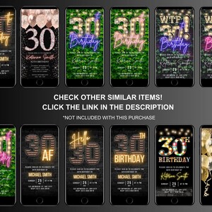 Op de afbeelding: Een set van 10 digitale telefoon schermmocups voor een 30e verjaardags uitnodiging. De mockups tonen verschillende ontwerpen met neonlichten, glitter en ballonnen. De tekst op de mockups omvat "30e verjaardag", "Laten we feesten" en "WTF! 30!"
