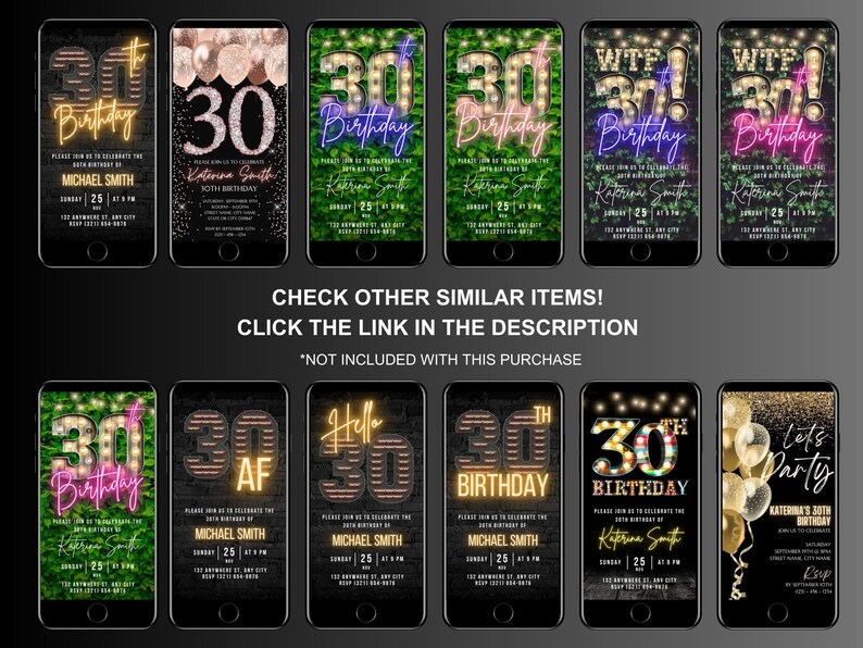 Op de afbeelding: Een set van 10 digitale telefoon schermmocups voor een 30e verjaardags uitnodiging. De mockups tonen verschillende ontwerpen met neonlichten, glitter en ballonnen. De tekst op de mockups omvat "30e verjaardag", "Laten we feesten" en "WTF! 30!"