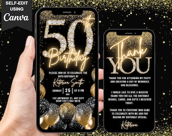 Digital 50th Birthday Invitation For Her, 50 Invite, Black Gold Silver Balloon Diamond Video Party Evite For Women, Editable Thank You eCard