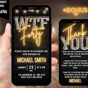 Digitale WTF Vierzig 40. Geburtstagseinladung, animierte rustikale BBQ-Einladung für Männer, Dinner-Party Evite für Ihn, selbst bearbeitbare Vorlage eCard