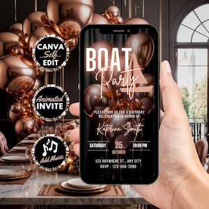 Digitale bootfeestuitnodiging, geanimeerde jachtfeestuitnodiging, Rose Gold Cruise Summer Boat Party Evite, bewerkbare reisroutesjabloon e-card
