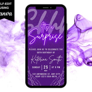 Convite digital surpresa de aniversário, convite animado roxo real para 30, 40 e 50 anos, texto violeta neon evite, modelo de cartão eletrônico autoeditável