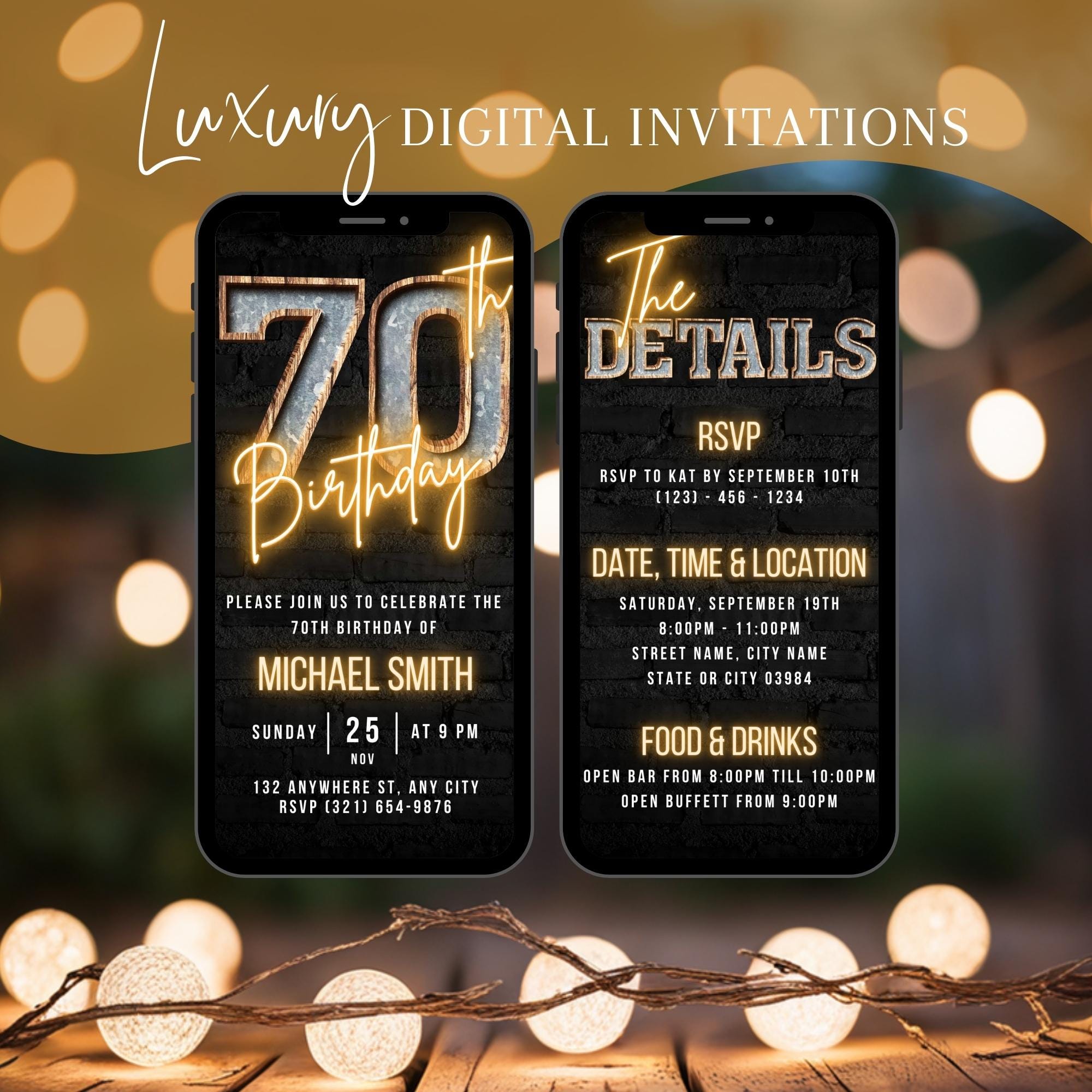 Invitación digital de 70 cumpleaños para hombre, tarjeta electrónica de invitación, invitación rústica para barbacoa de los 70 para él, plantilla autoeditable para hombre