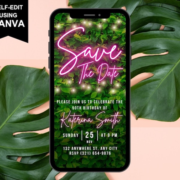 Digital Pink Neon Greenery Save the Date Invitation, Animated Backyard BBQ Party Invite, Patio Birthday Evite, Self Editable Template eCard