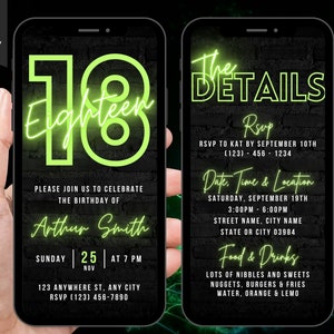Digital 18th Birthday Invitation, Video 18th Green Neon Invite, Phone Message Evite, Kids Birthday Boys Girls, Self Editable Itinerary eCard
