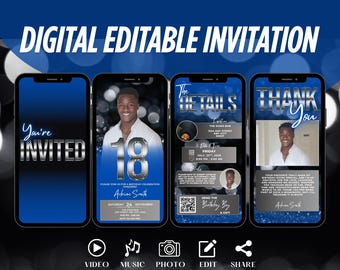 Invitation d'anniversaire moderne 18e en téléchargement numérique, invitation à un dîner élégant pour homme, Evite bleu et argent modifiable, modèle de luxe personnalisé