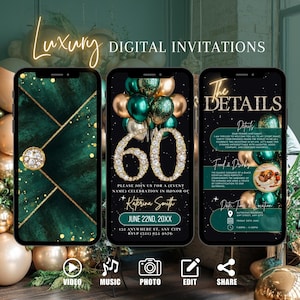 Green Gold 60th Birthday Invitation, Digital Envelope Animated Invite, Diamond Brunch Evite, Dinner Party Editable Template Ecard For Women