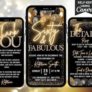 Digital 60 & Fabulous Birthday Invitation, Animated Sixty Dinner Party Invite, Evite for Men and Women, Self Editable Itinerary eCard Bundle