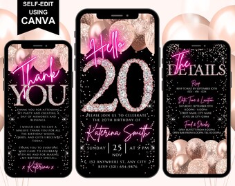 20th Digital Flyer Birthday Invitation, Electronic 20th Dinner Party Invite For Her, Rose Gold Evite For Women, Self Edit Itinerary eCard