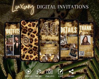 Invito per il 40° compleanno con stampa leopardata, modello di invito digitale per festa a tema ghepardo dorato