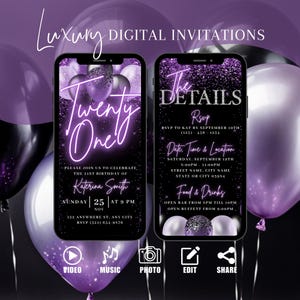 Convite digital para aniversário de 21 anos, convite animado para brunch roxo, texto violeta para jantar evite para mulheres, cartão eletrônico autoeditável para ela