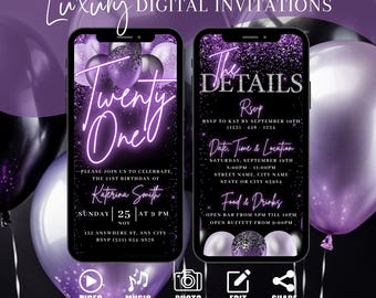 Digital 21st Birthday Invitation, Animated Purple Brunch Invite, Violet Dinner Party Text Evite For Women, Self Editable eCard For Her