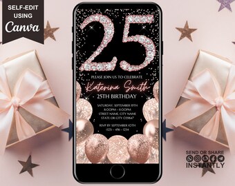 Invito digitale per il 25° compleanno, invito elettronico per la festa del 25° compleanno, diamanti in oro rosa, invito di testo con download immediato, modello modificabile