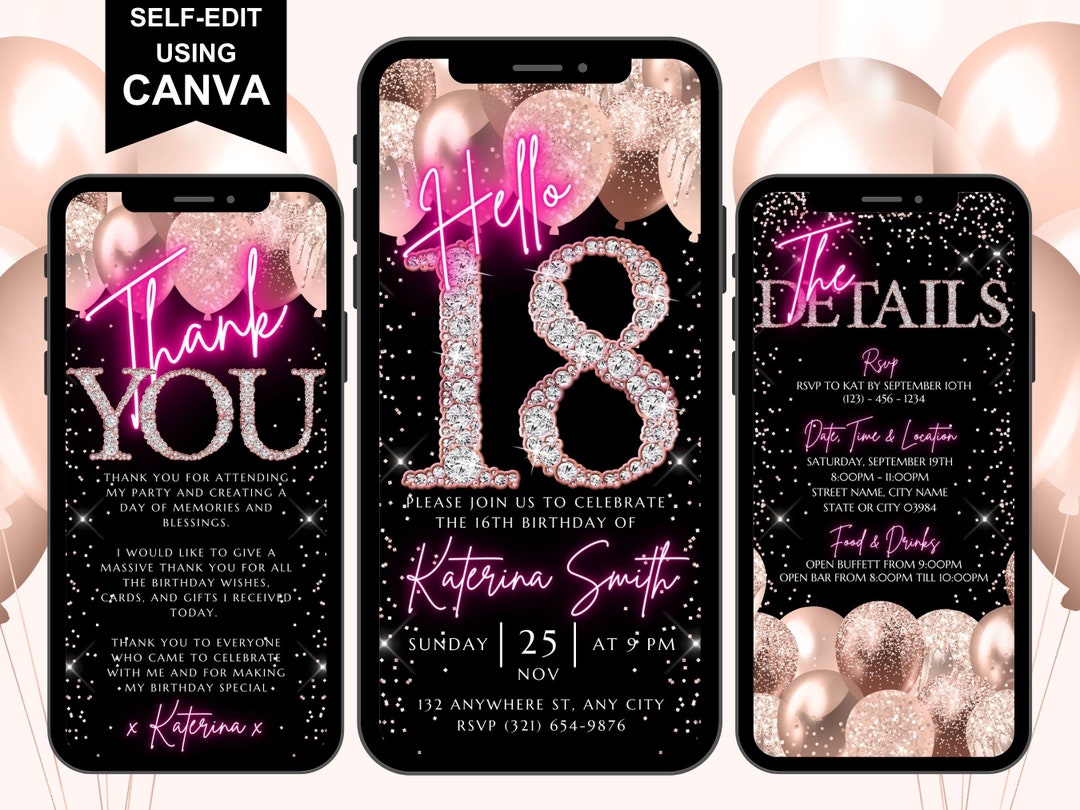 Hello 18th Digital Flyer Birthday Invitation, Turning 18 Rose Gold ...