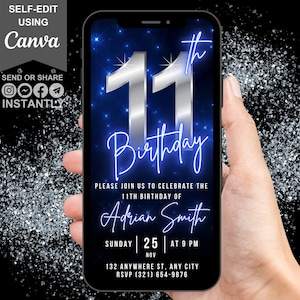 Faire-part 11e anniversaire vidéo numérique, invitation animée onzième fête pour garçons, invitation vidéo bleu néon chromé pour lui, carte virtuelle modifiable