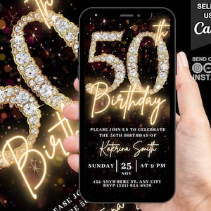Convite digital para festa de 50 anos em vídeo, cartão eletrônico de convite glamouroso para 50 anos, convite animado com diamantes em preto, dourado e prateado, modelo autoeditável