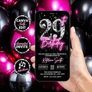 Digital 29th Birthday Invitation, Animated Dinner Party Invite For Women, Neon Pink Diamond Brunch Evite For Her, Editable Template eCard
