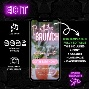 May include: A pink and white digital invitation for a birthday brunch. The invitation features a pink and white background with a photo of a drink with fruit. The text on the invitation reads "Birthday Brunch", "Please join us for a birthday brunch to celebrate", "Katerina Smith", "XXTH Birthday", "Friday, July 20th @ 17:00", "RSVP Text Katerina", "040-857-5758". The invitation also includes the text "This template is fully editable. This includes: > Font > Colour > Language > Background".