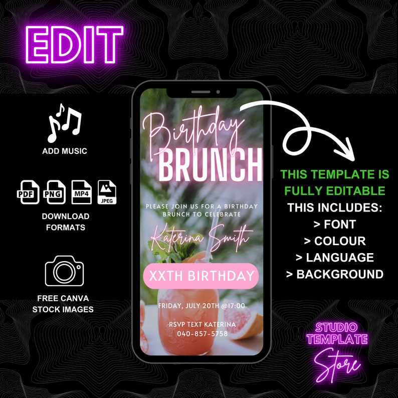 May include: A pink and white digital invitation for a birthday brunch. The invitation features a pink and white background with a photo of a drink with fruit. The text on the invitation reads "Birthday Brunch", "Please join us for a birthday brunch to celebrate", "Katerina Smith", "XXTH Birthday", "Friday, July 20th @ 17:00", "RSVP Text Katerina", "040-857-5758". The invitation also includes the text "This template is fully editable. This includes: > Font > Colour > Language > Background".