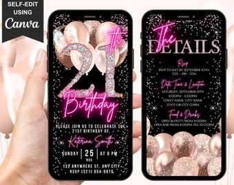 Digital 21st Birthday Invitation, Animated 21st Party Invite, Cute Rose Gold Diamonds Neon Pink Font, Text Evite, Editable Itinerary eCard