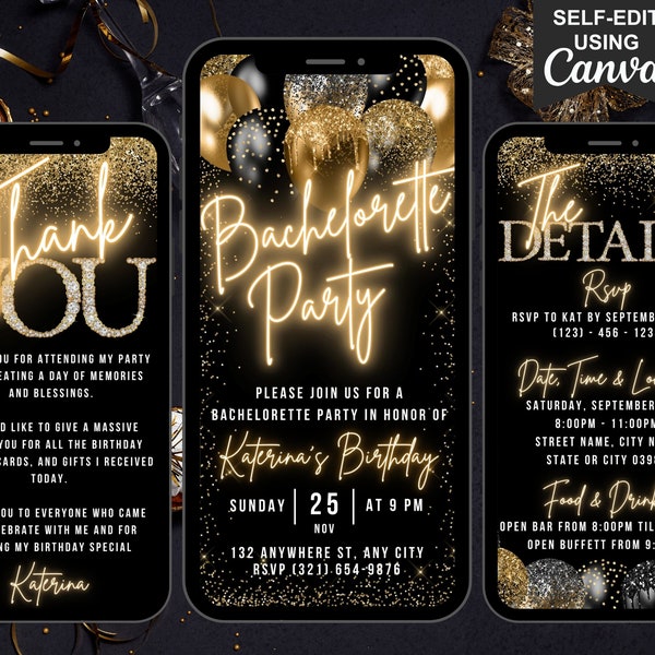 Digital Bachelorette Party Invitation, Animated Womens Hen Party Text Message Evite, Black Gold Invite, Editable Itinerary & Thank You eCard