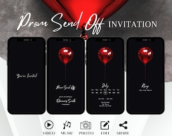 Invitación minimalista de despedida de graduación en negro y rojo, elegante invitación digital para fiesta de graduación, tarjeta electrónica elegante para hombres, tarjeta electrónica editable para mujeres