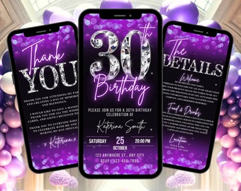 Digitale 30e verjaardagsuitnodiging, geanimeerde paarse 30 dinerfeestuitnodiging, luxe diamantbrunch evite voor vrouwen, e-kaart zelf bewerken route