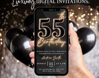 55th Birthday Party Invitation, Digital Black Gold Dinner Invite For Men, Black Tie Video Evite For Him, Self Editable DIY Template eCard