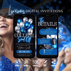 Invito di addio al Blue College, invito per la festa del baule della laurea, addio, invito per la laurea della scuola superiore, modello di eCard digitale per l&#39;addio