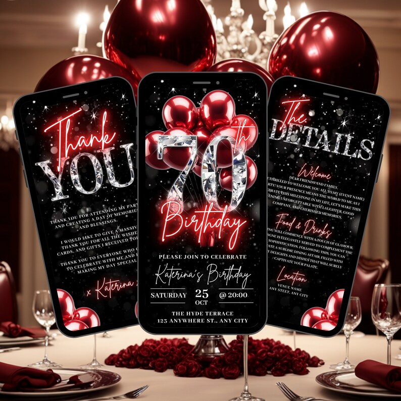 70th Red Lettering Digital 70th Birthday Invitation, Animated Red Seventy Diamond Dinner ...