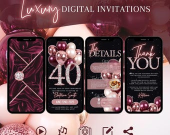 Puede incluir: Una invitación digital para una fiesta de cumpleaños número 40. La invitación presenta un esquema de color rosa y dorado con un gran número 40, globos y un cuadro de texto con los detalles de la fiesta. La invitación también incluye un mensaje de agradecimiento por asistir a la fiesta.