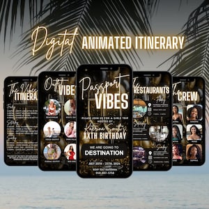 Digital Birthday Weekend Invitation, Animated Travel Itinerary, Black Gold Passport Vibe Vacation Schedule Trip Evite, Self Editable Planner
