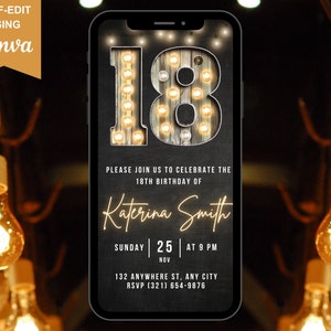 18th Birthday Digital Text Invitation For Man, Male Birthday Evite, Eighteenth Birthday Electronic Invite, Wood, Rustic Marquee Lights