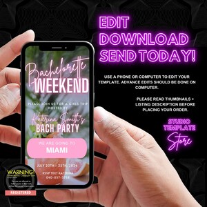 May include: A digital phone screen mockup displaying a bachelorette weekend invitation template. The invitation is pink and white with the text "Bachelor Weekend" and "Katerina Smith's Bach Party". The invitation also includes the text "We are going to Miami" and "July 20th - 25th, 2024".