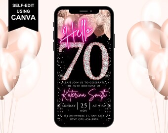 70th Birthday Digital Hello Invitation, Electronic 70th Birthday Party Invite, Rose Gold Diamonds Neon Font, Text Evite, Editable Template