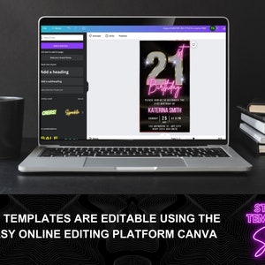 K&ouml;nnte beinhalten: Eine digitale Vorlage f&uuml;r eine Einladung zum 21. Geburtstag. Die Einladung zeigt eine pinkfarbene Neon-Zahl 21 mit einem Diamantenmuster und den Text "21. Geburtstag" in einer pinkfarbenen Neon-Schriftart. Der Text "Bitte feiern Sie mit uns den 21. Geburtstag von" ist in schwarzer Schrift. Der Name "KATERINA SMITH" ist in wei&szlig;er Schrift. Datum und Uhrzeit der Veranstaltung sind unter dem Namen aufgef&uuml;hrt. Der Text "RSVP" ist in schwarzer Schrift.