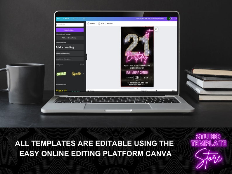K&ouml;nnte beinhalten: Eine digitale Vorlage f&uuml;r eine Einladung zum 21. Geburtstag. Die Einladung zeigt eine pinkfarbene Neon-Zahl 21 mit einem Diamantenmuster und den Text "21. Geburtstag" in einer pinkfarbenen Neon-Schriftart. Der Text "Bitte feiern Sie mit uns den 21. Geburtstag von" ist in schwarzer Schrift. Der Name "KATERINA SMITH" ist in wei&szlig;er Schrift. Datum und Uhrzeit der Veranstaltung sind unter dem Namen aufgef&uuml;hrt. Der Text "RSVP" ist in schwarzer Schrift.