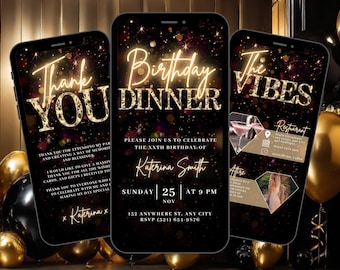 Digital Birthday Dinner Invitation, Animated Gold Black Birthday Invite, Black Tie Evite For Women, Self Editable eCard Bundle For Her