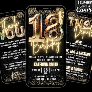 Digital 18th Birthday Invitation, Animated Eighteenth Party Invite For Her, Video Glam Gold Neon Evite, Editable Itinerary & Thank You eCard