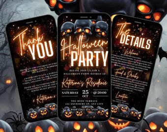 May include: A Halloween party invitation with a black background and orange and yellow text. The invitation features a skull and crossbones design and a pumpkin design. The text on the invitation reads "Halloween Party" and "Katerina's Residence".