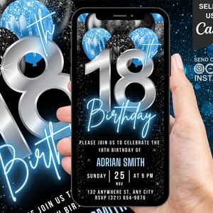 Invito digitale per il 18° compleanno di un ragazzo, invito animato per la festa del 18° compleanno, invito elettronico blu neon per adolescenti di 13 anni, eCard telefonica modificabile