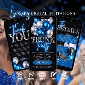 Invito per festa del baule, invito digitale blu per la festa di laurea, invito elettronico per la festa di laurea della scuola superiore, modello di biglietto di auguri per donne per uomini