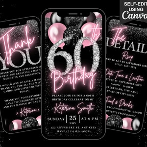 Digital 60th Birthday Invitation, Blush Pink 60 Diamond Dinner Party Invite, Animated Brunch Evite For Women, Self Editable Itinerary eCard
