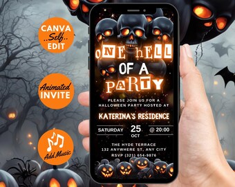 Digital Halloween One Hell Of A Party Invitation, Orange Skull Video Invite, Adult Movie Night Evite, Self Editable DIY Template Event eCard