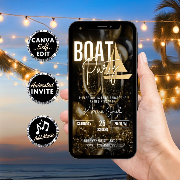 Digital Boat Party Invitation, Animated Yacht Party Invite, Black Gold Cruise Summer Boat Party Evite, Editable Itinerary Template eCard