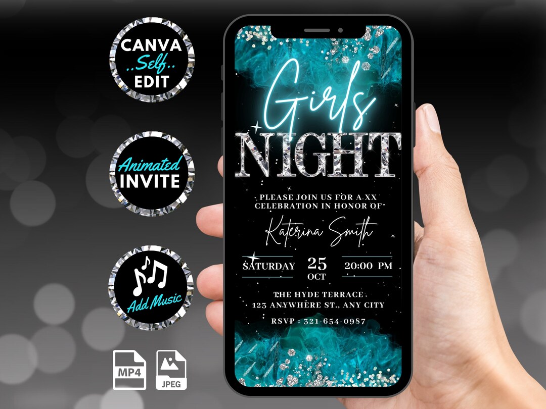 Digital Girls Night Out Invitation, Animated Teal Birthday Invite ...