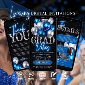 Digital Blue Graduation Party Invitation, Animated Grad Vibes Invite, College Send Off, High School Graduate Evite, Self Edit Template eCard