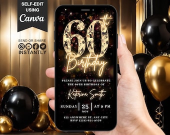 Digital 60th Birthday Party Video Invitation, 60th Dinner Party Invite For Women, Surprise Sixty Evite For Men, Self Editable Template eCard