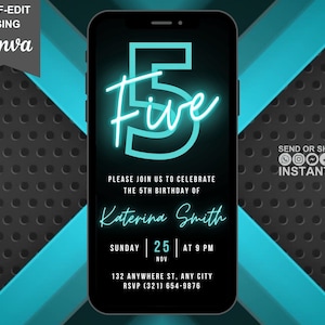 Digital 5th Birthday Party Blue Neon Invitation, Electronic Phone Text Message Evite, Editable Animated Template, Teen Gaming Birthday, Boy